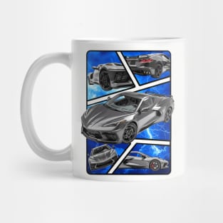 Multiple Angles of the Hypersonic Gray C8 Corvette Presented In A Bold Vibrant Panel Art Display Supercar Sports Car Racecar Torch Gray Corvette C8 Mug